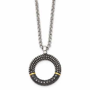 Stainless Steel Black CZ with Yellow IP-plated Antiqued Circle Necklace