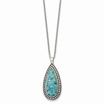 Stainless Steel Antiqued Imitation Turquoise Teardrop Necklace