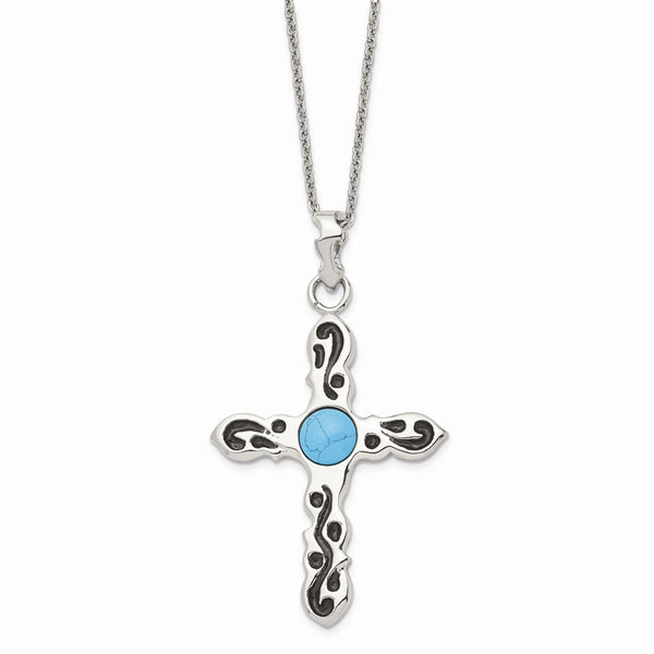 Stainless Steel Polished Imitation Turquoise Antiqued Cross Necklace