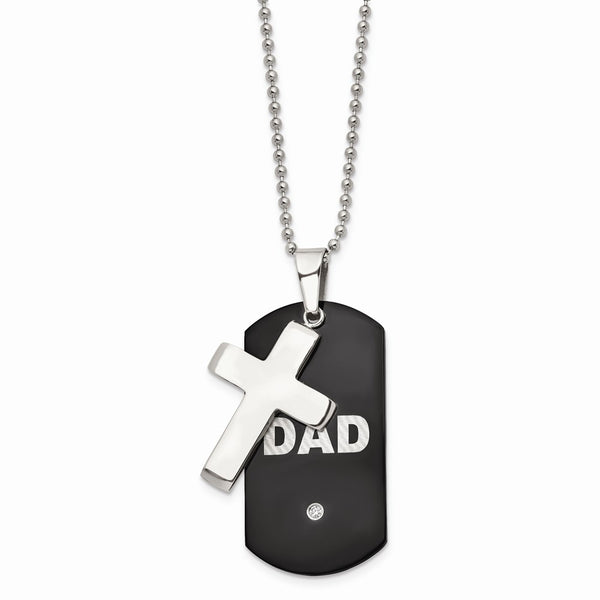 Stainless Steel Black IP-plated Dog Tag with CZ Cross Necklace
