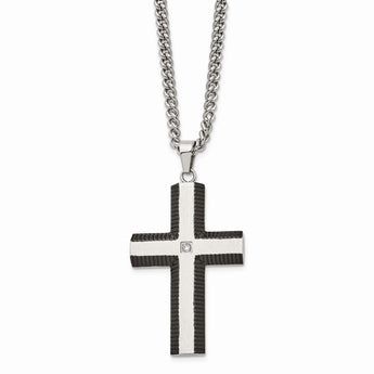 Stainless Steel Brushed and Polished Black IP-plated Cross with CZ Neckla