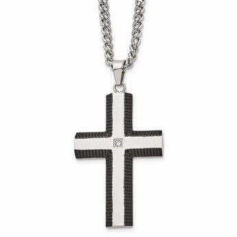 Stainless Steel Brushed and Polished Black IP-plated Cross with CZ Neckla