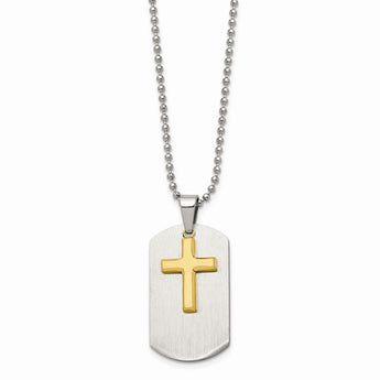 Stainless Steel Polished Dog Tag Yellow IP-plated Brushed Cross Necklace