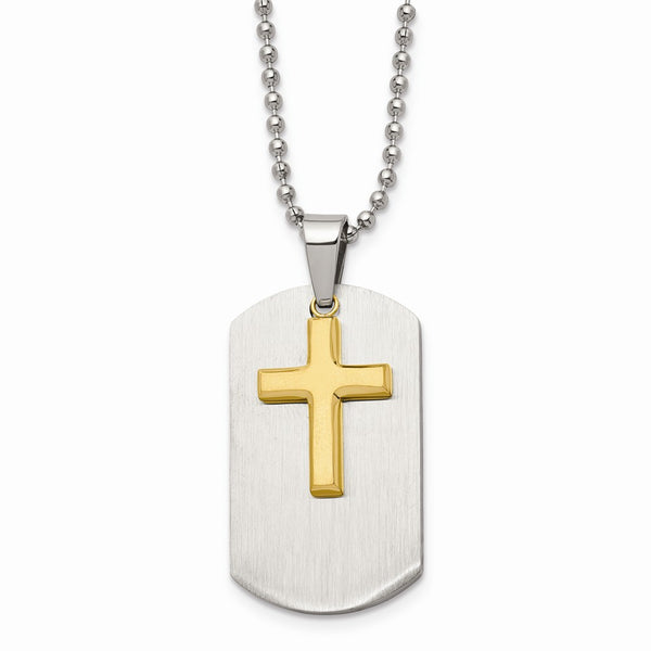 Stainless Steel Polished Dog Tag Yellow IP-plated Brushed Cross Necklace