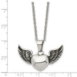 Stainless Steel Antiqued and Polished Heart with Wings Necklace