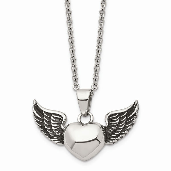 Stainless Steel Antiqued and Polished Heart with Wings Necklace