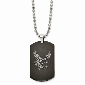 Stainless Steel Eagle Dog Tag Black IP-plated CZ Polished Necklace