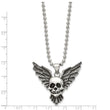 Stainless Steel Antiqued Skull with Wings Polished Necklace