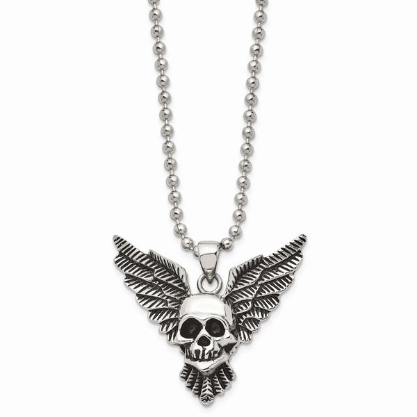 Stainless Steel Antiqued Skull with Wings Polished Necklace