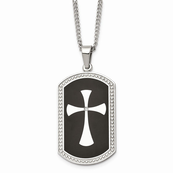 Stainless Steel Black IP-plated Polished Dog Tag Cross with CZ Necklace