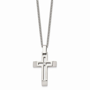 Stainless Steel Brushed and Polished Cross with CZ Necklace