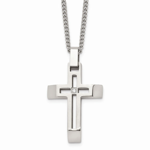 Stainless Steel Brushed and Polished Cross with CZ Necklace