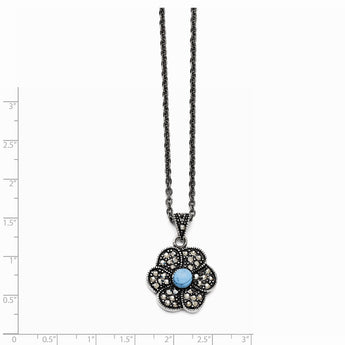 Stainless Steel Simulated Turquoise/Marcasite Antiqued Necklace