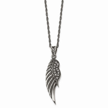 Stainless Steel Marcasite and Antiqued Wing Pendant 20 inch Necklace