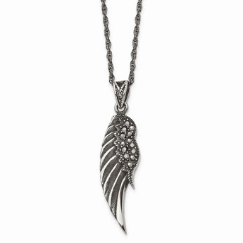 Stainless Steel Marcasite and Antiqued Wing Pendant 20 inch Necklace