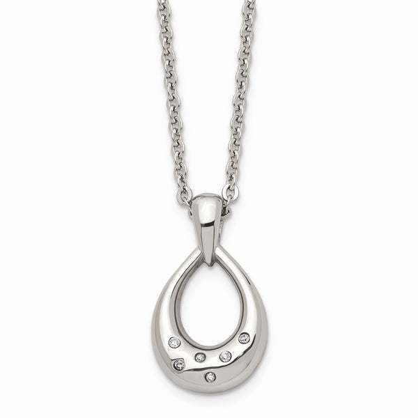 Stainless Steel CZ Teardrop Polished Necklace