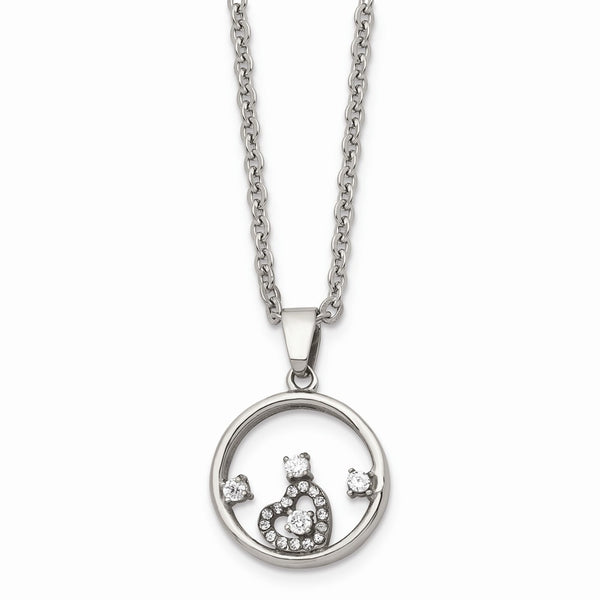 Stainless Steel Round with Heart CZ Polished Necklace