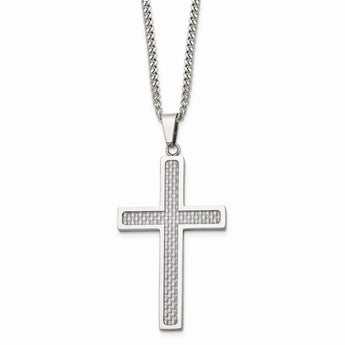 Stainless Steel Polished Grey Carbon Fiber Inlay Large Cross 20in Necklace