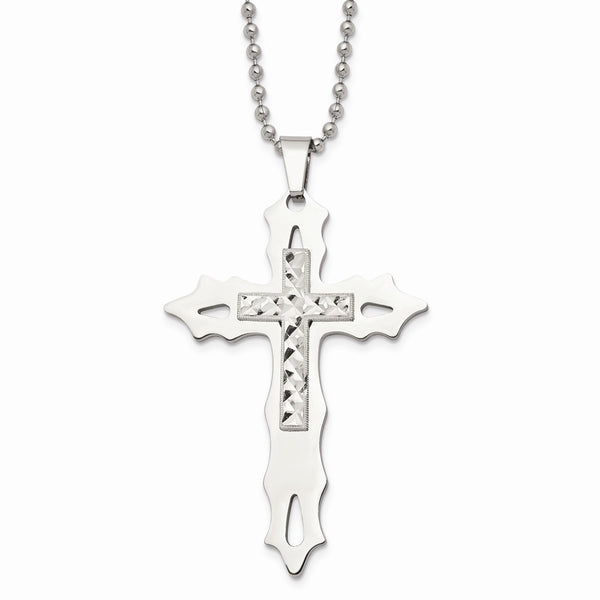 Stainless Steel & Sterling Silver Diamond Cut and Polished Cross Necklace