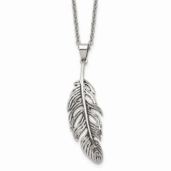 Stainless Steel Antiqued Feather Necklace