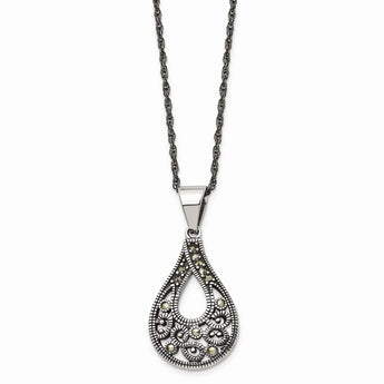 Stainless Steel Textured Teardrop Marcasite Necklace