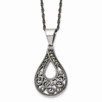 Stainless Steel Textured Teardrop Marcasite Necklace