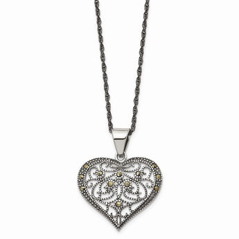 Stainless Steel Marcasite Textured Heart Necklace