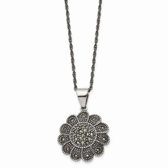 Stainless Steel Textured Flower Marcasite Necklace