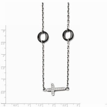 Stainless Steel and Ceramic Polished Sideways cross CZ 18.25in Necklace