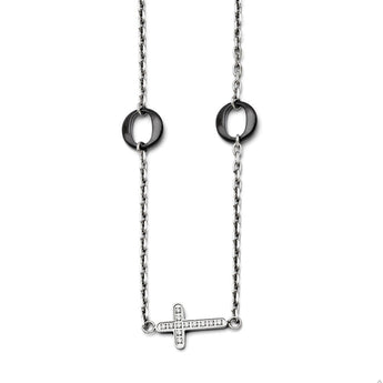 Stainless Steel and Ceramic Polished Sideways cross CZ 18.25in Necklace