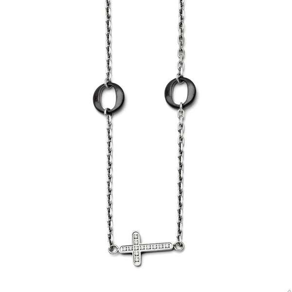 Stainless Steel and Ceramic Polished Sideways cross CZ 18.25in Necklace