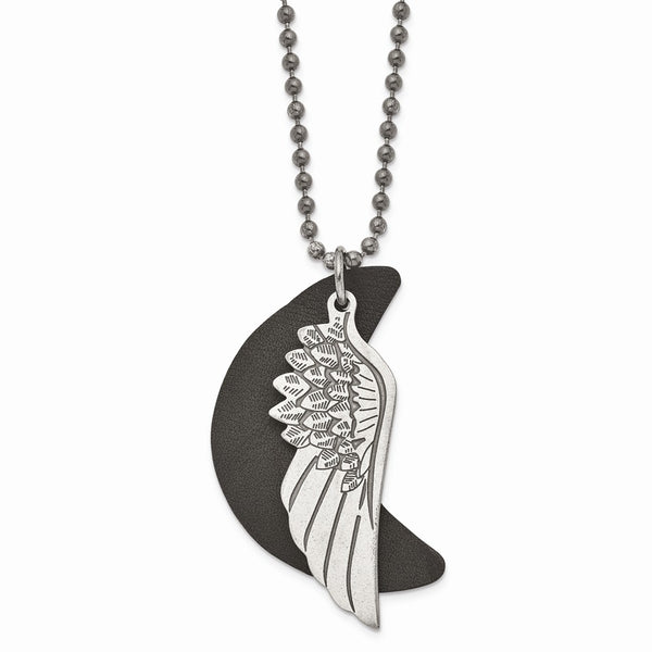 Stainless Steel Brushed Wing with Leather Moon Necklace