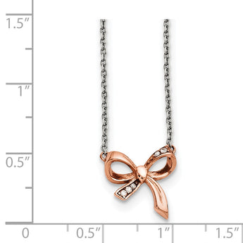 Stainless Steel Polished Pink IP plated CZ Bow with 1.75in ext. Necklace