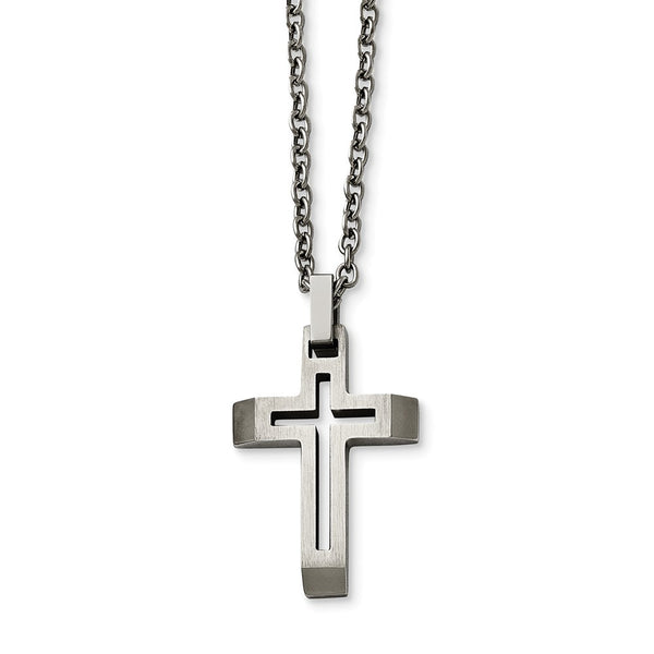 Stainless Steel Polished and Brushed Cut-out Cross Necklace