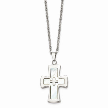 Stainless Steel Polished Mother Of Pearl Cross Necklace