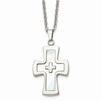 Stainless Steel Polished Mother Of Pearl Cross Necklace