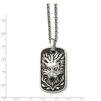 Stainless Steel Polished and Antiqued Lion Dog Tag Necklace