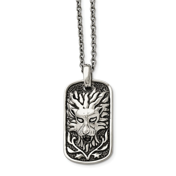 Stainless Steel Polished and Antiqued Lion Dog Tag Necklace