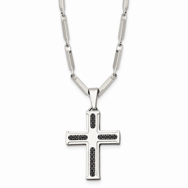 Stainless Steel Polished Black CZs Cross 19.75in Necklace
