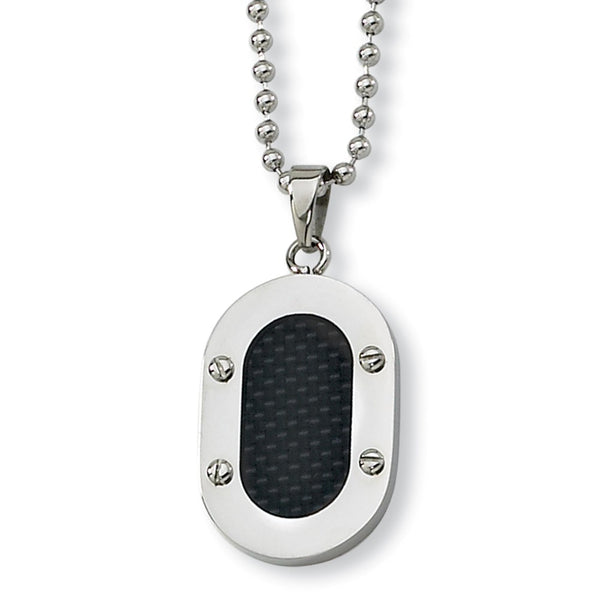Stainless Steel Polished w/Black Carbon Fiber Inlay 22in Necklace