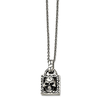 Stainless Steel Polished and Antiqued Skull Necklace