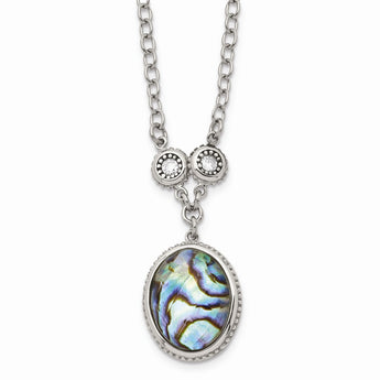 Stainless Steel Polished/Antiqued Imitation Abalone/CZw/1.5in ext. Necklac