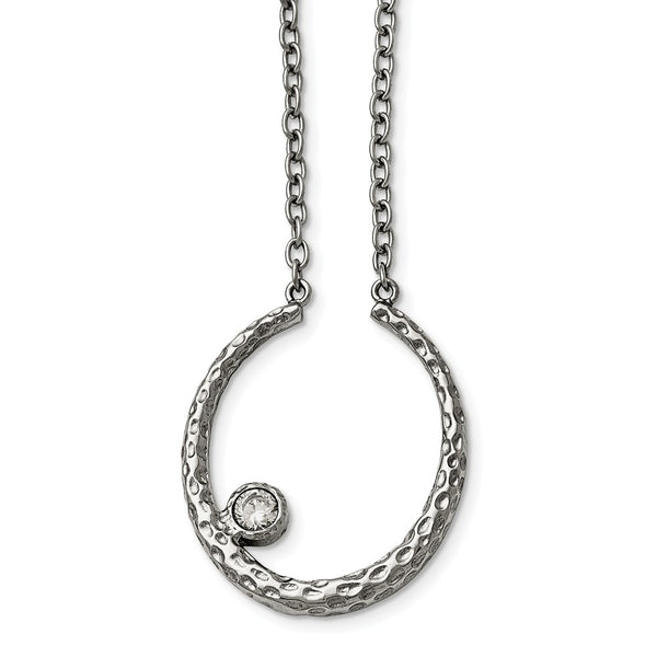 Stainless Steel Polished and Textured CZ w/2in ext. Necklace