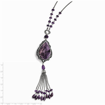 Stainless Steel Polished/Antiqued Amethyst/CZ w/2in ext. Reversible Necklac