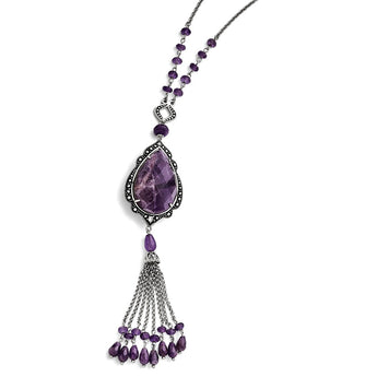 Stainless Steel Polished/Antiqued Amethyst/CZ w/2in ext. Reversible Necklac