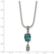 Stainless Steel Polished/Antiqued Blue Glass w/2 in ext. Necklace