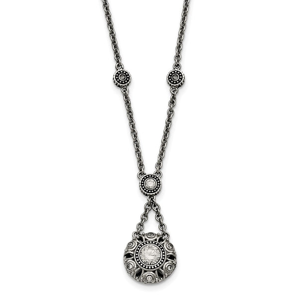 Stainless Steel Polished and Antiqued CZ w/2in ext. Necklace