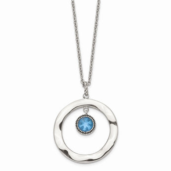 Stainless Steel Polished Blue Glass Circle w/ 2in ext. Necklace