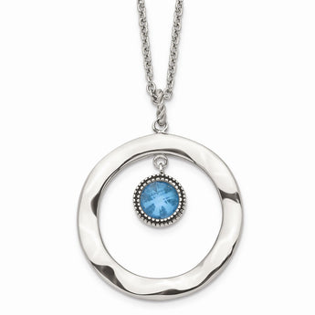 Stainless Steel Polished Blue Glass Circle w/ 2in ext. Necklace