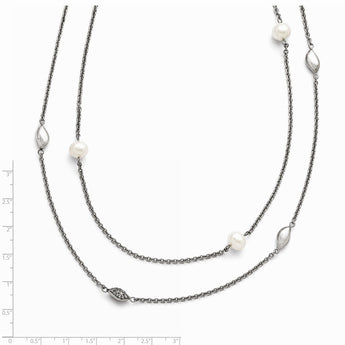Stainless Steel Polished FW Cultured Pearls/CZ 2in ext. Necklace